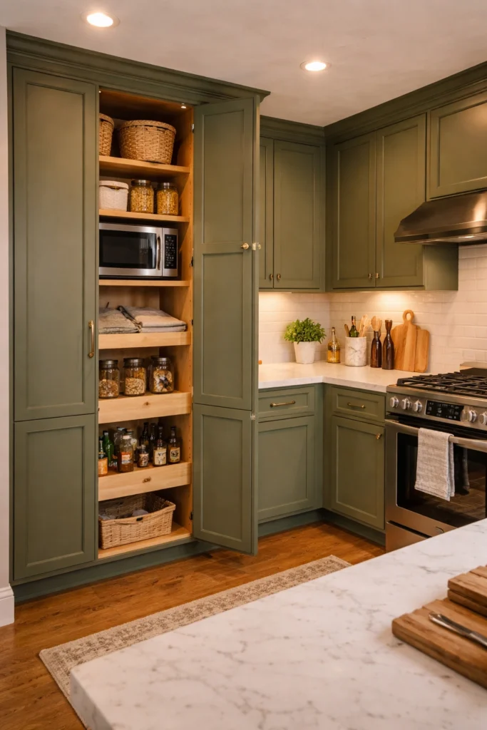 Traditional Green Kitchen with Tall Pantry Cabinet Idea