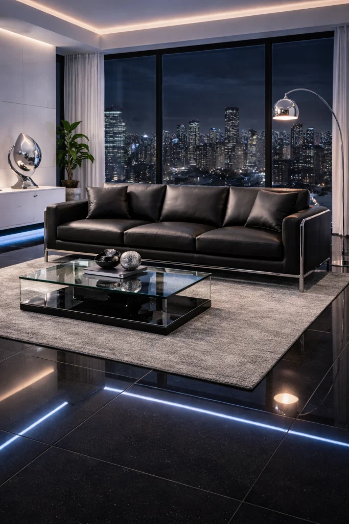 Ultra-Modern Black Leather Sofa Style