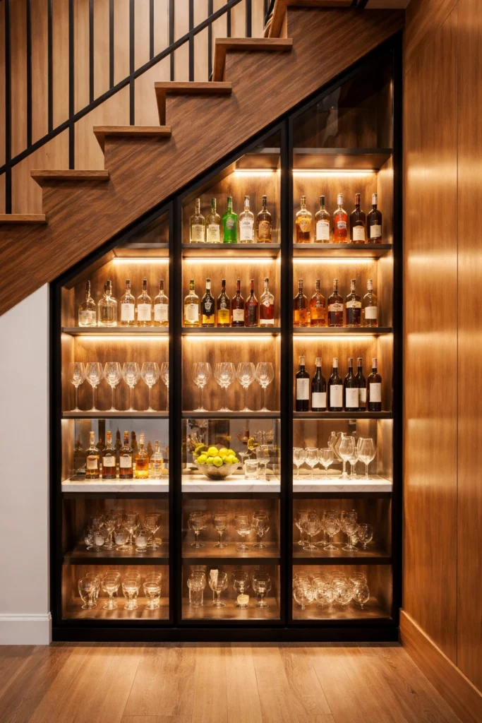 Under-Stairs Glass Display Bar Idea