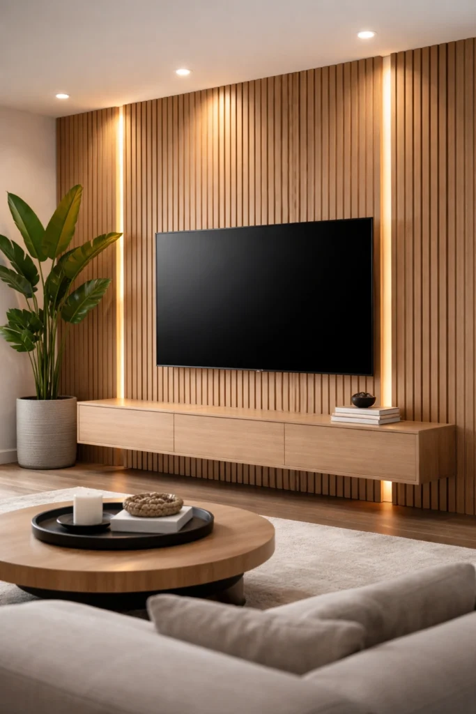Vertical Wood Panel TV Wall with Soft Ambient Lighting Idea