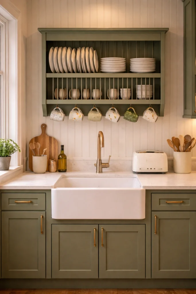 Vintage Green Kitchen with Plate Rack Idea