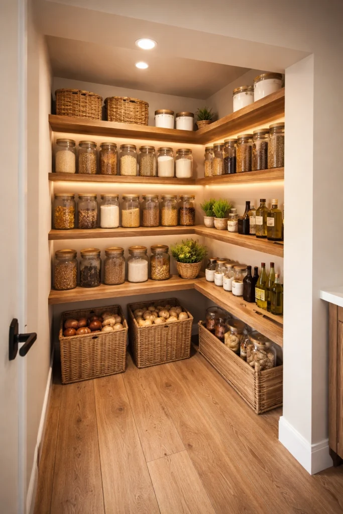 Walk-In Pantry With Wooden Open Shelves Idea