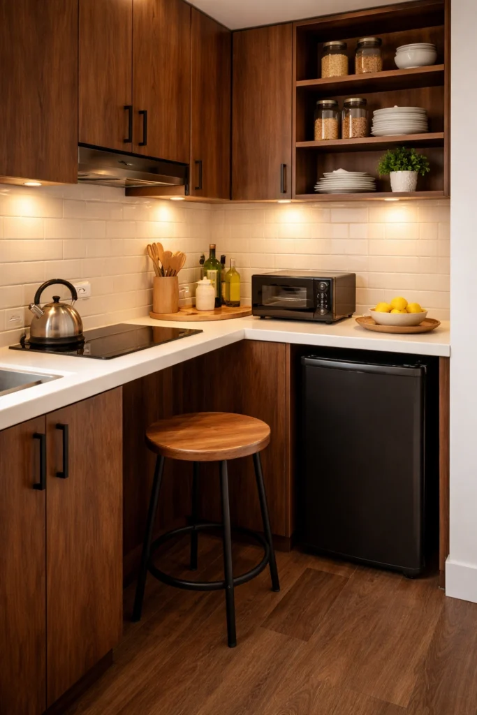 Walnut Mini Kitchen with Round Stool Idea