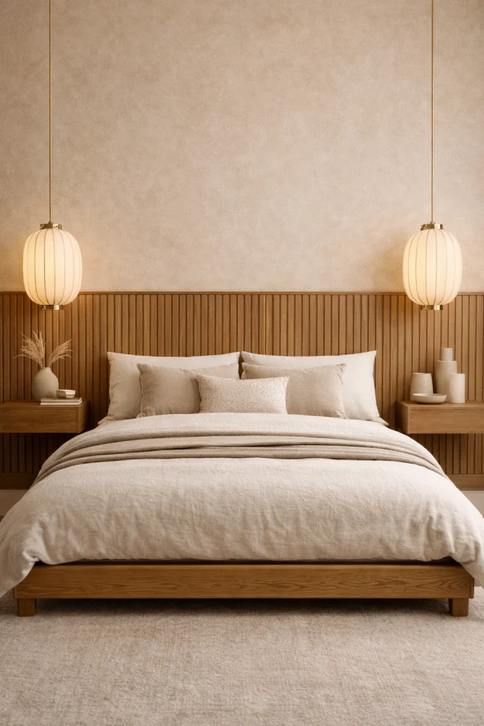 Warm Almond Bedroom with Silk Lantern Lighting Style