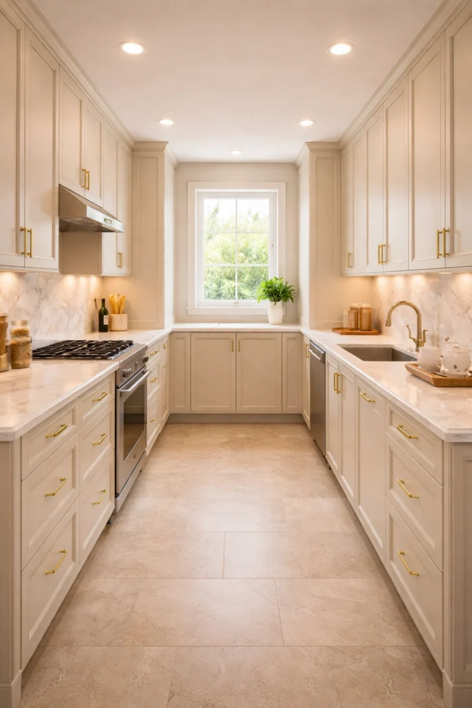 Warm Beige Luxury Galley Kitchen Idea