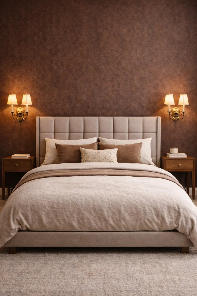 Warm Chocolate Bedroom with Vintage Sconces Style