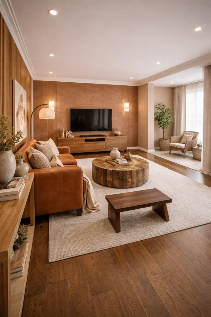 Warm Earthy Long Living Room With Textured Elements Idea