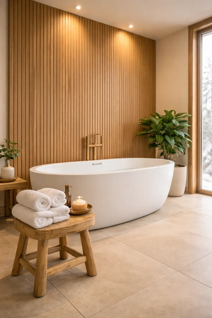 Warm Minimalist Wood Spa Bathroom Style
