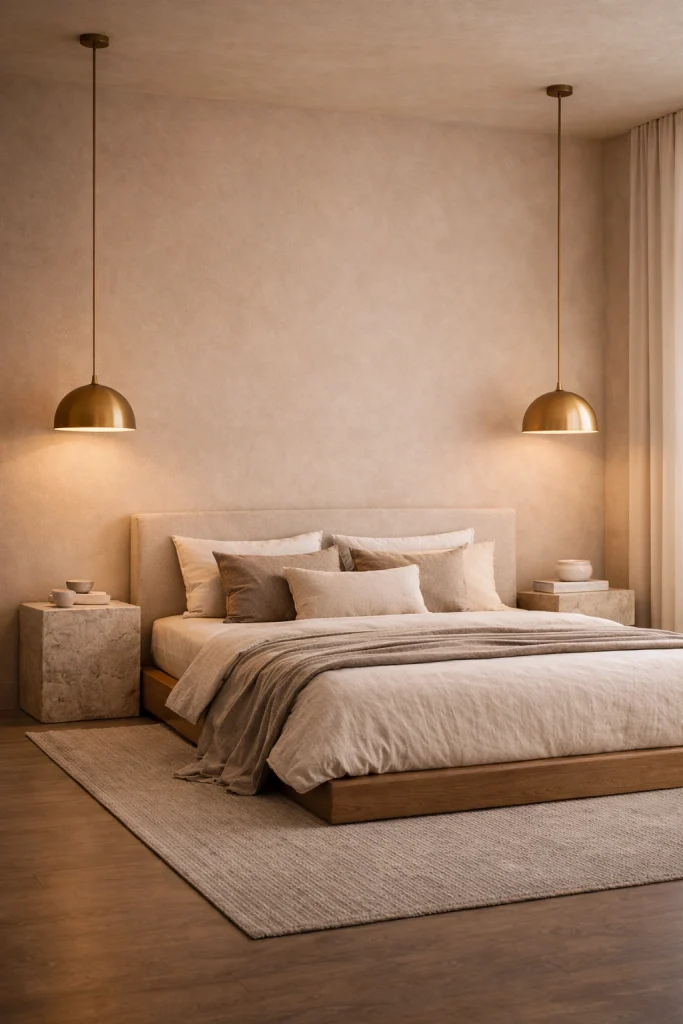 Warm Sand Bedroom with Dome Pendant Lighting Style