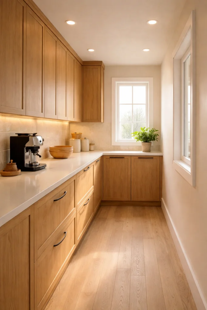 Warm Wooden Cozy Galley Kitchen Idea