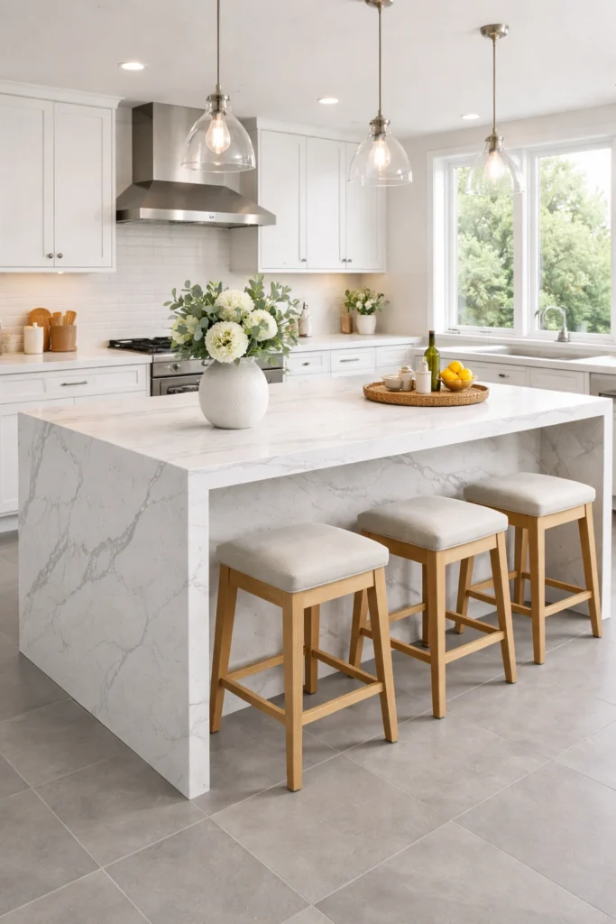 Waterfall Quartz Kitchen Island Idea