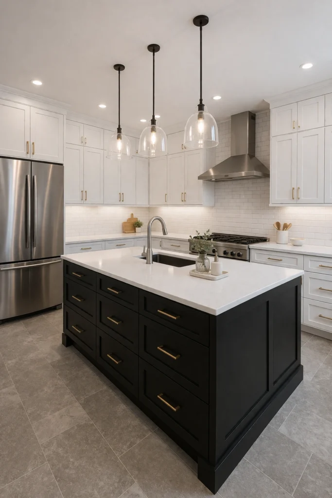 White Cabinets with Black Island Kitchen Idea