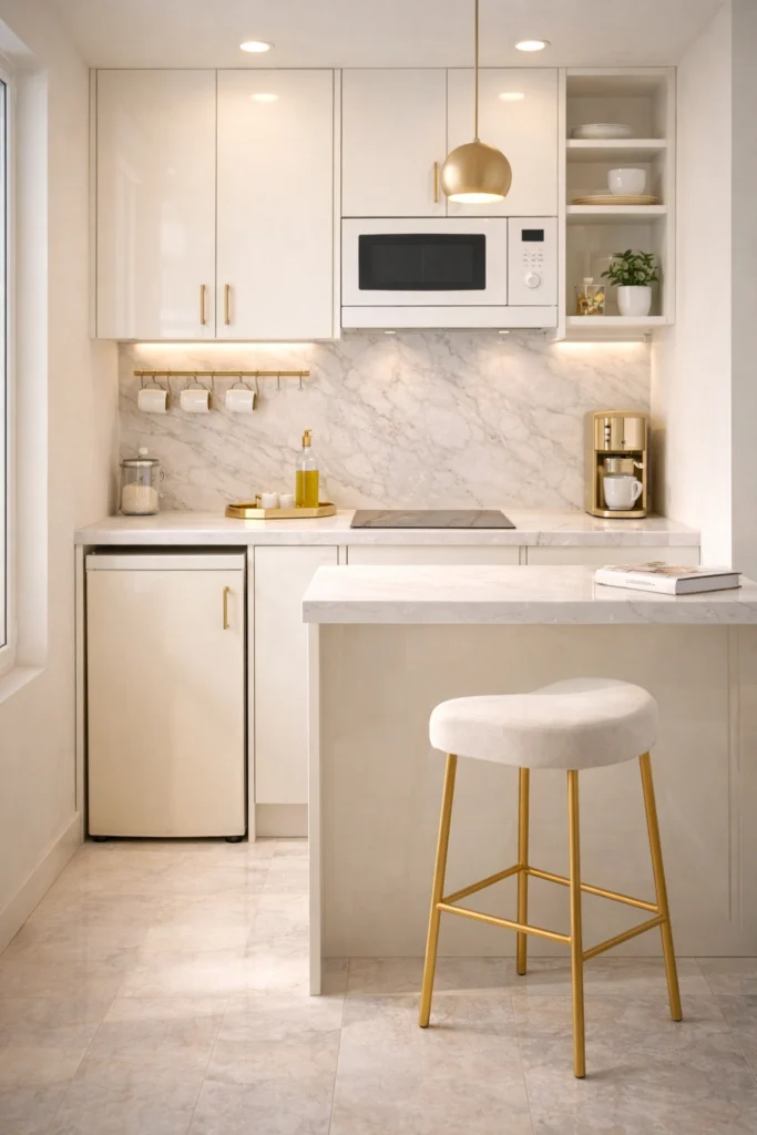 White & Gold Mini Kitchen with Velvet Stool Idea