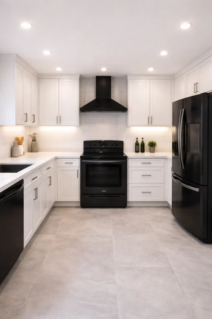 White Kitchen with Black Appliances Idea
