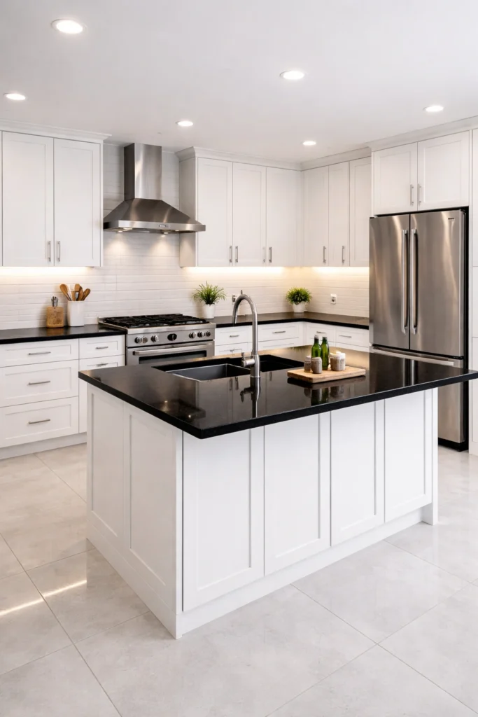 White Kitchen with Black Countertops Idea