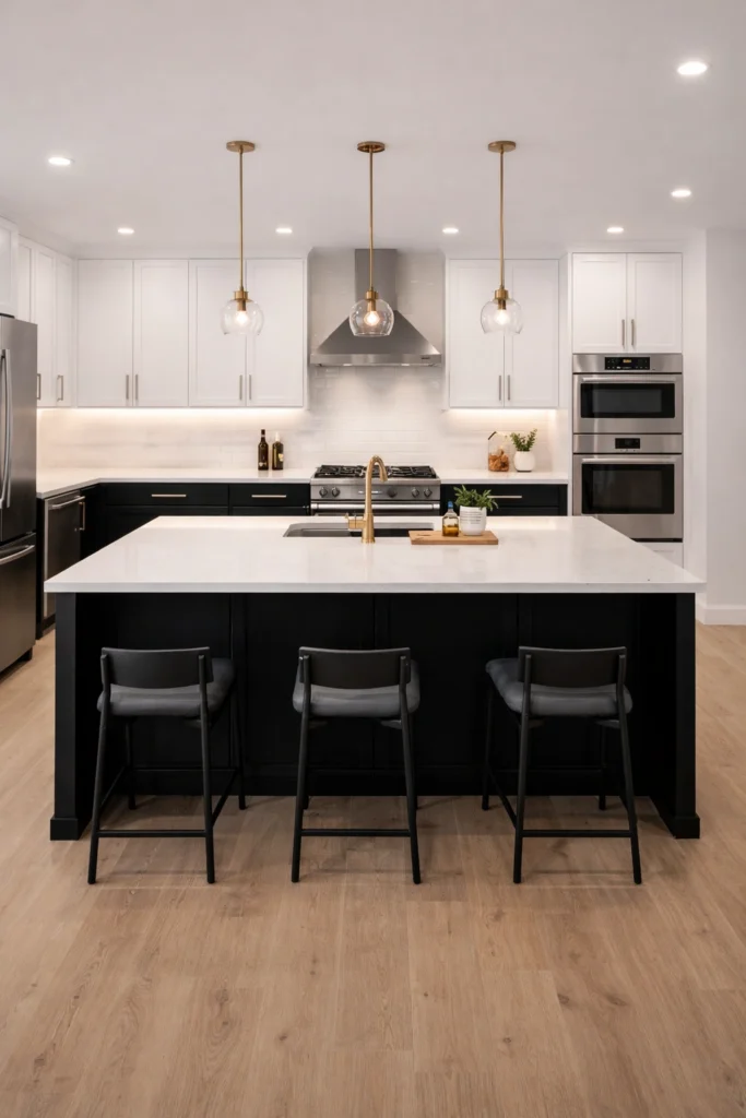 White Kitchen with Black Island Seating Idea