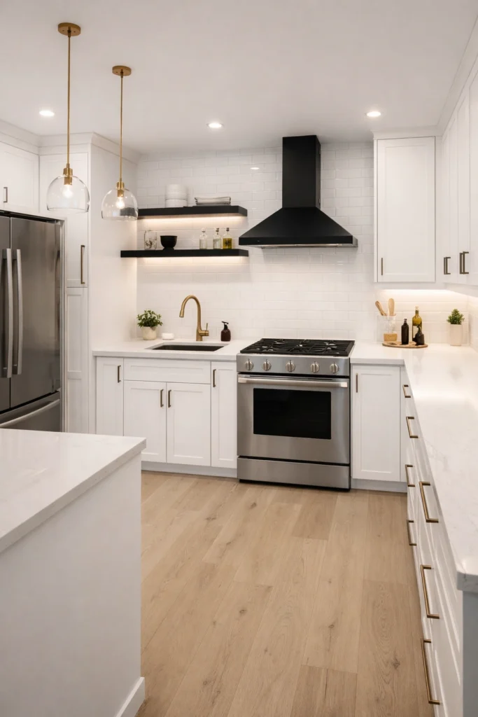 White Kitchen with Black Open Shelving Idea