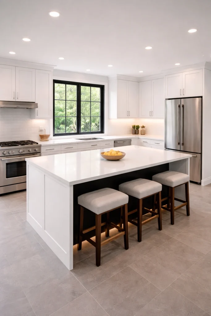 White Kitchen with Black Window Frame Accent Idea