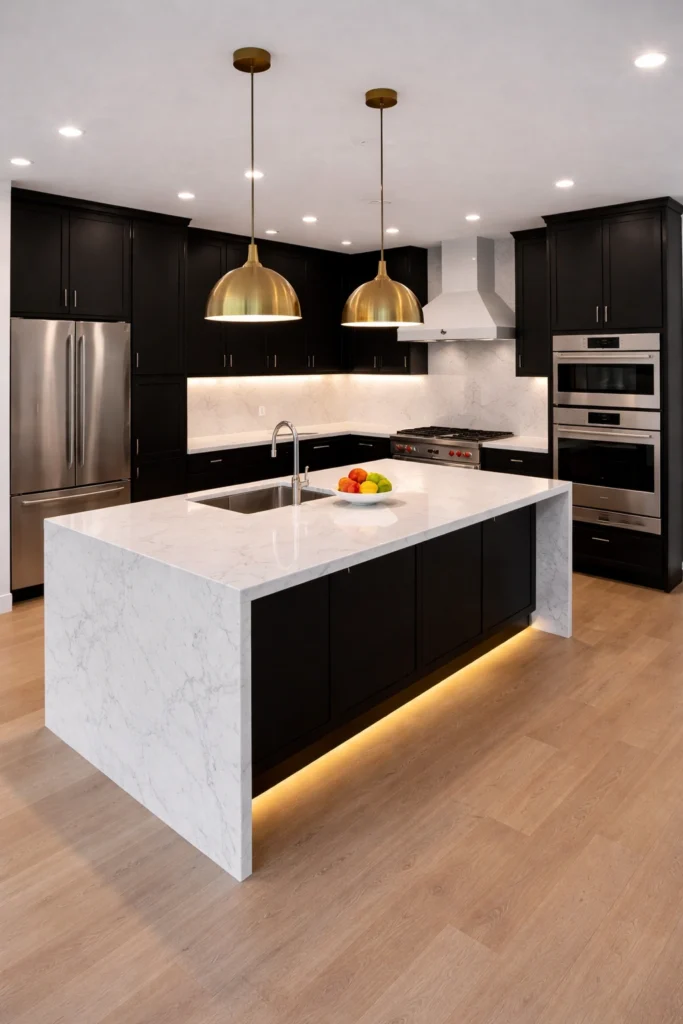 White Marble Waterfall Island with Black Perimeter Kitchen Idea