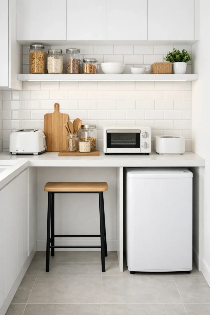 White Tile Mini Kitchen with Slim Stool Idea