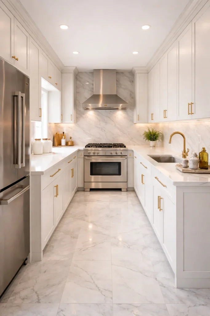 White and Brass Luxury Galley Kitchen Idea