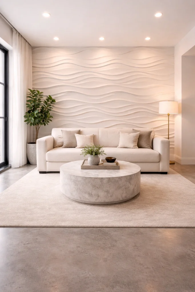3D Wave Panel Living Room Accent Wall Idea