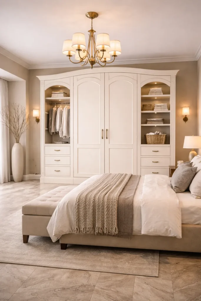 Arched Cream Wardrobe with Vintage Handles Idea
