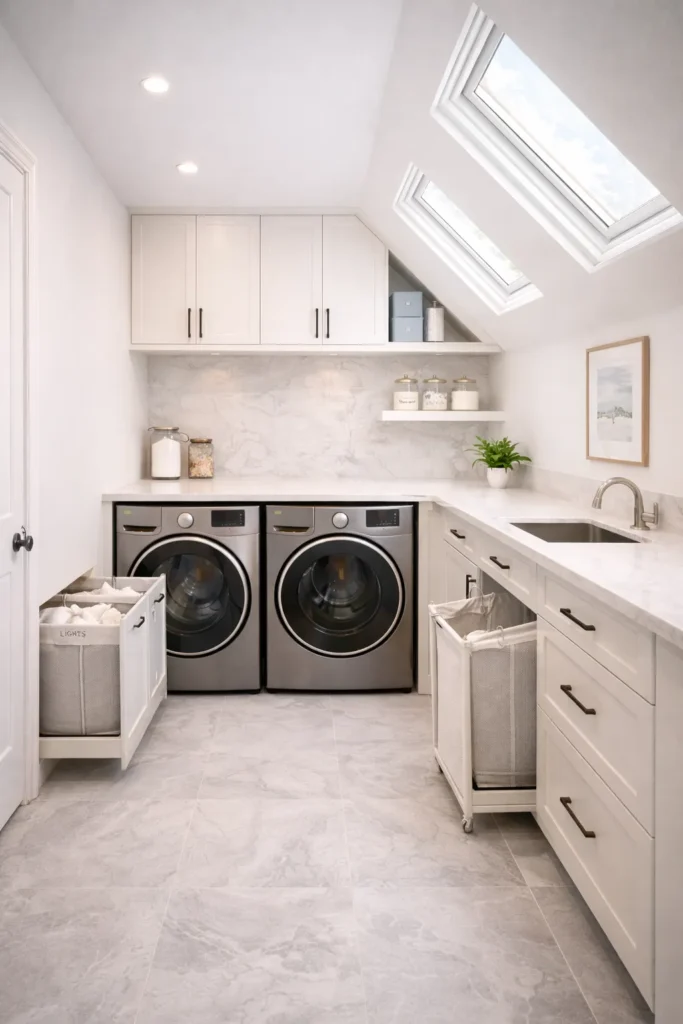 Attic Laundry Room with Sloped Ceiling Storage Idea