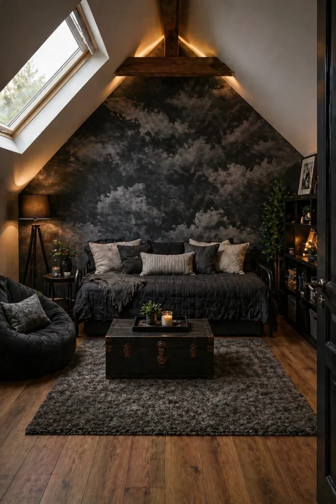 Attic Room with Black Cloud Texture Wallpaper Idea