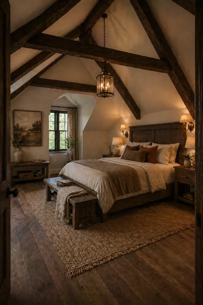 Attic Bedroom with Rustic Brown Beams Idea
