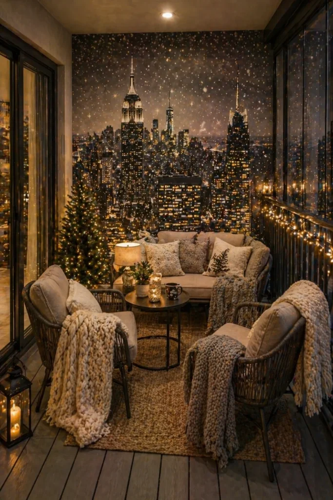 Balcony Indoor Lounge Snow Cityscape Wall Idea