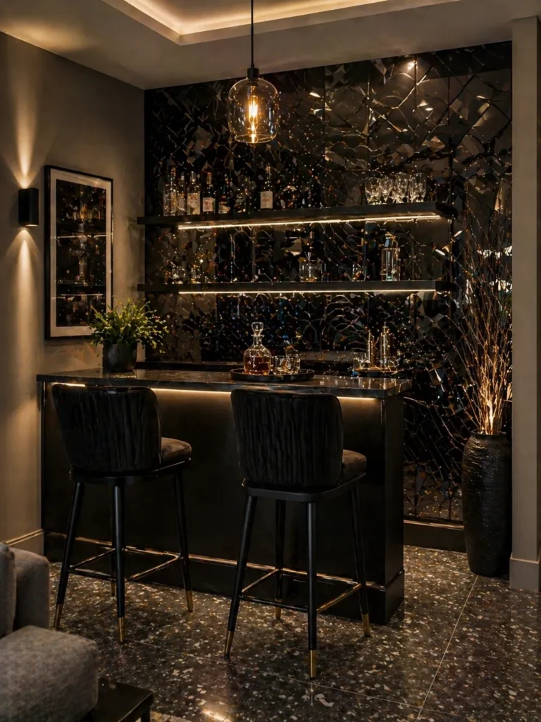 Bar Corner with Black Mirror Pattern Wallpaper Idea