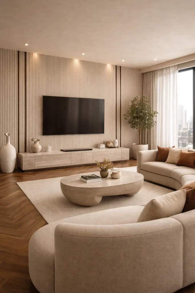 Beige Living Room with Curved Sofa and Ribbed Stone TV Wall Idea