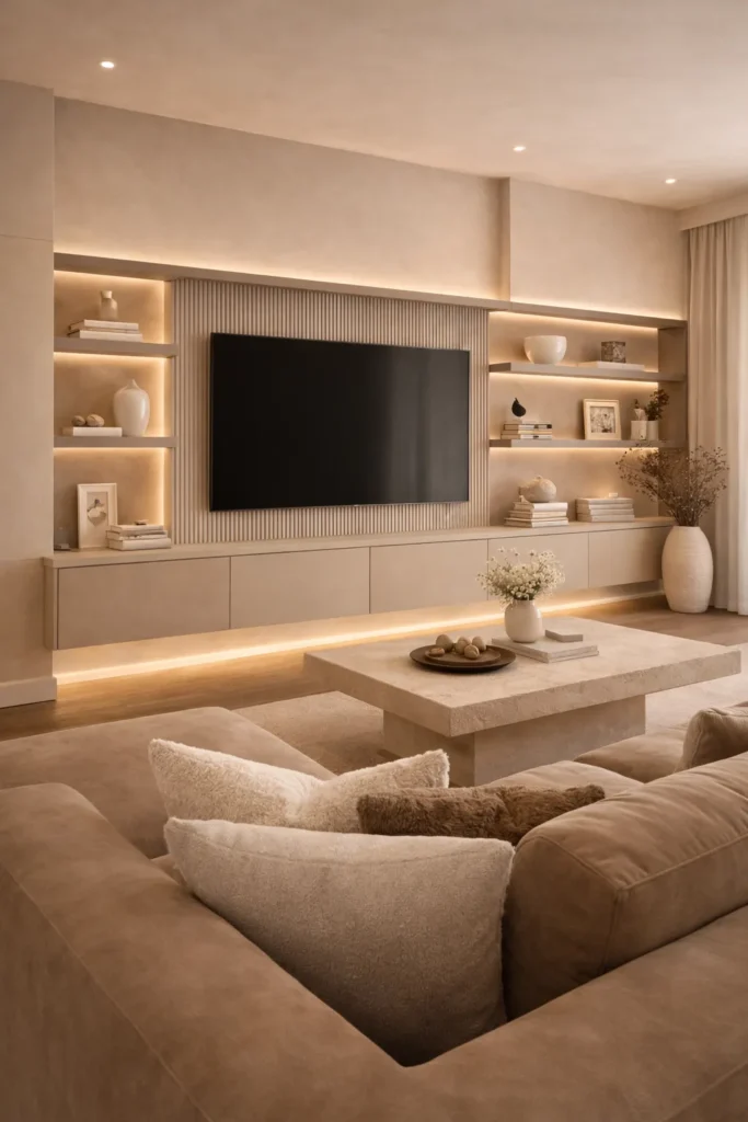 Beige TV Lounge with Layered Media Wall Idea
