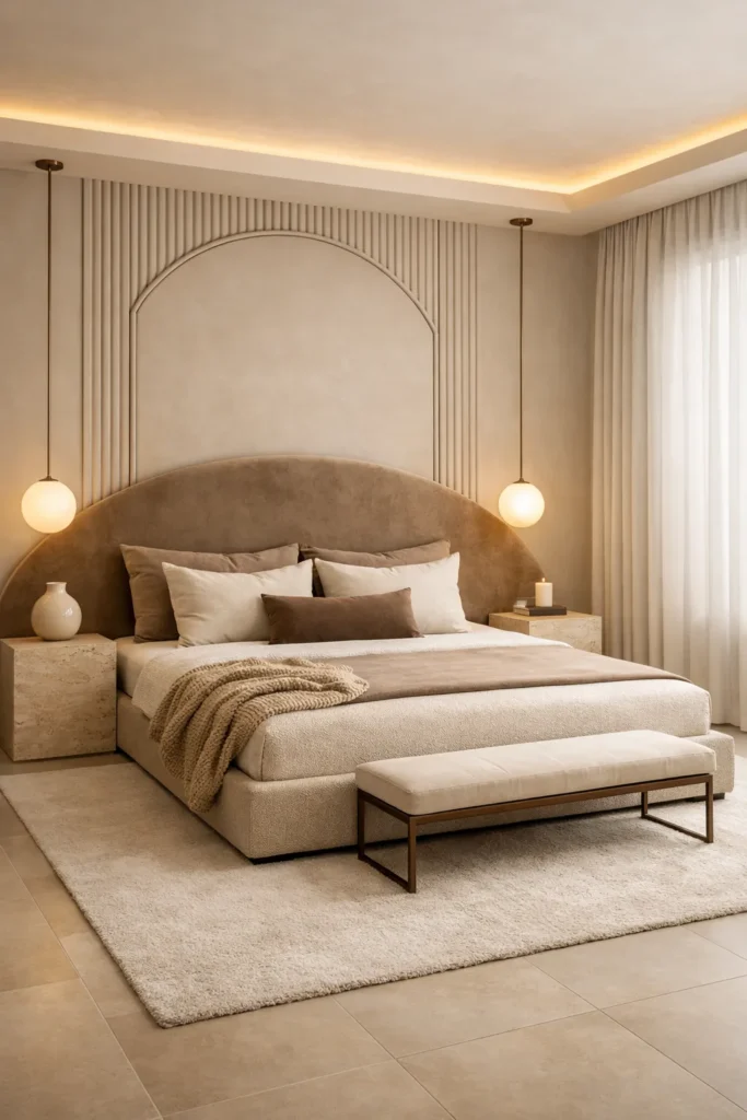 Beige Bedroom with Curved Velvet Headboard Idea