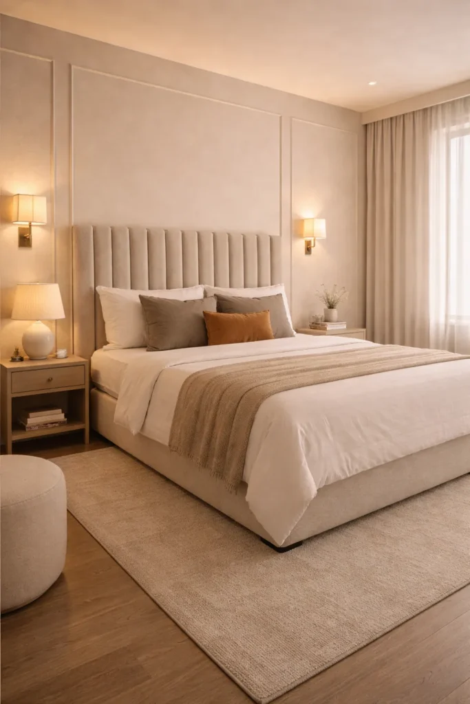 Beige Guest Bedroom with Channel Tufted Headboard Idea