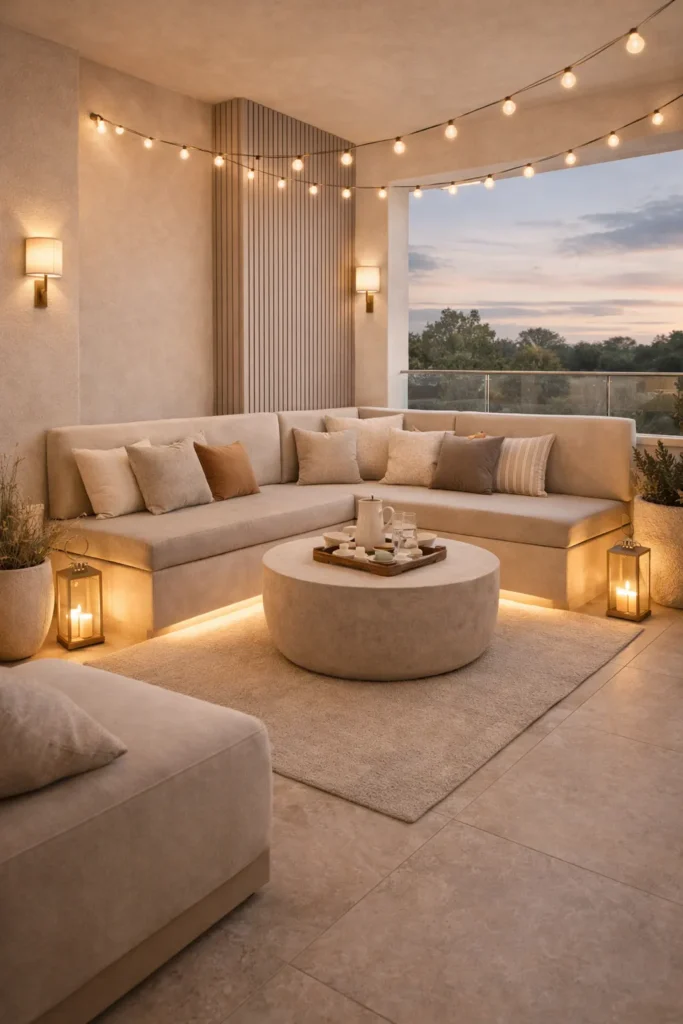 Beige Balcony Lounge with Built-In Bench Seating Idea