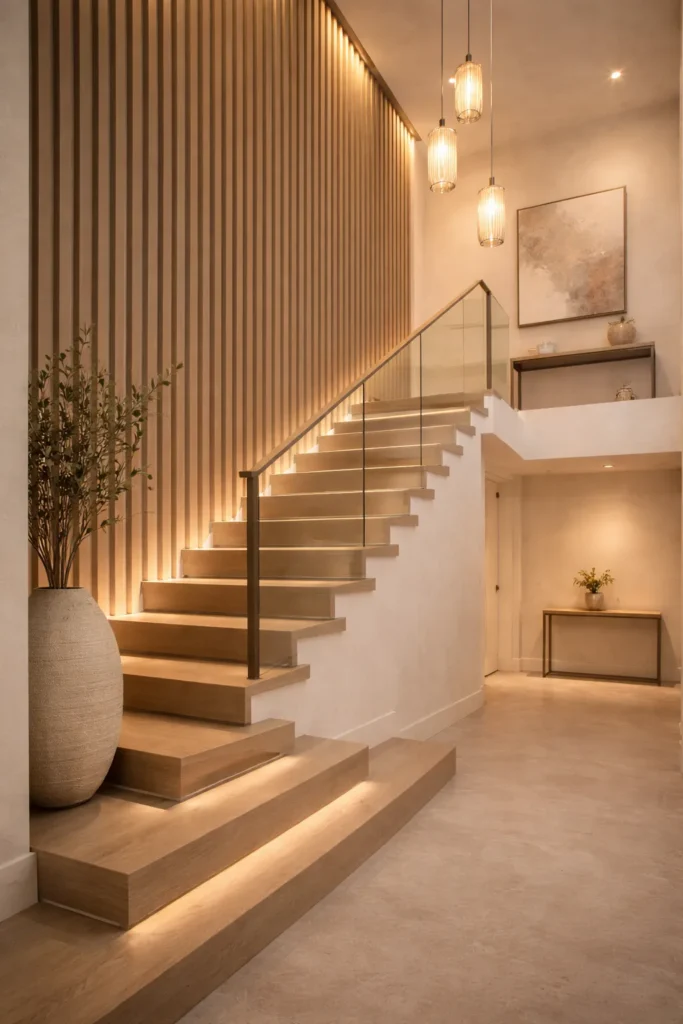 Beige Staircase Area with Sculptural Slat Wall Idea