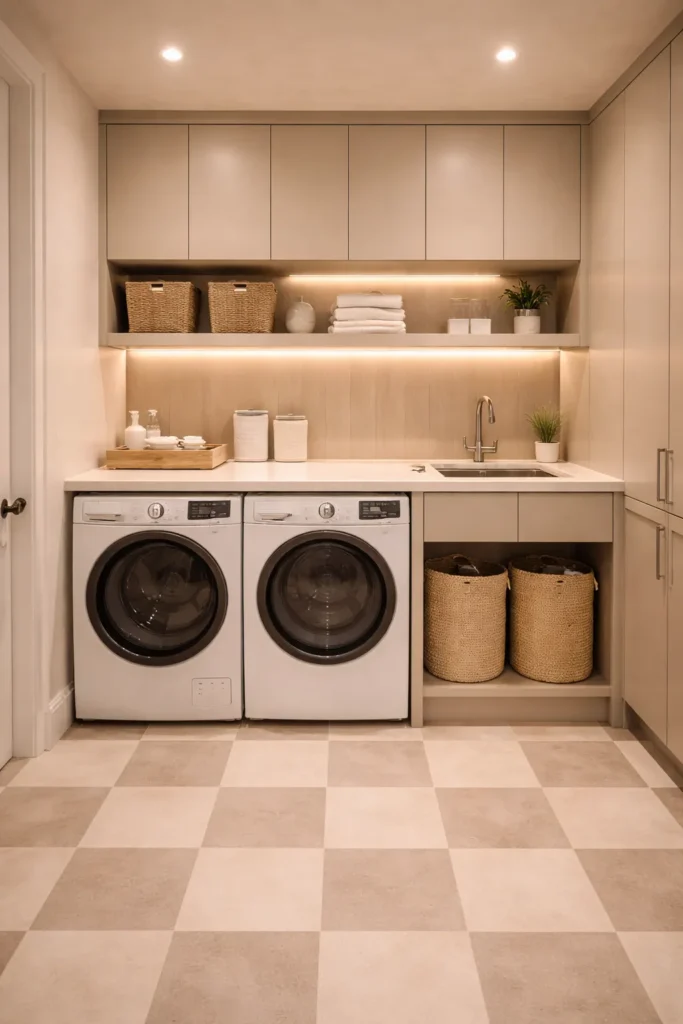 Beige Laundry Room with Full Storage Wall Idea