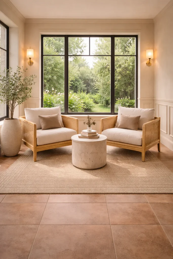 Beige Indoor Sunroom with Cane Lounge Chairs Idea