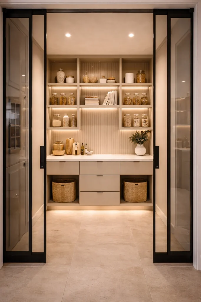 Beige Kitchen Pantry with Glass Pocket Doors Idea