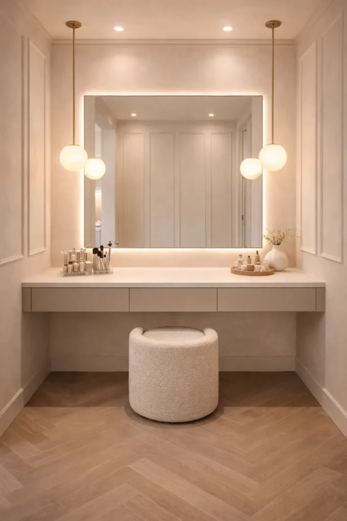 Beige Makeup Vanity Room with Illuminated Mirror Wall Idea