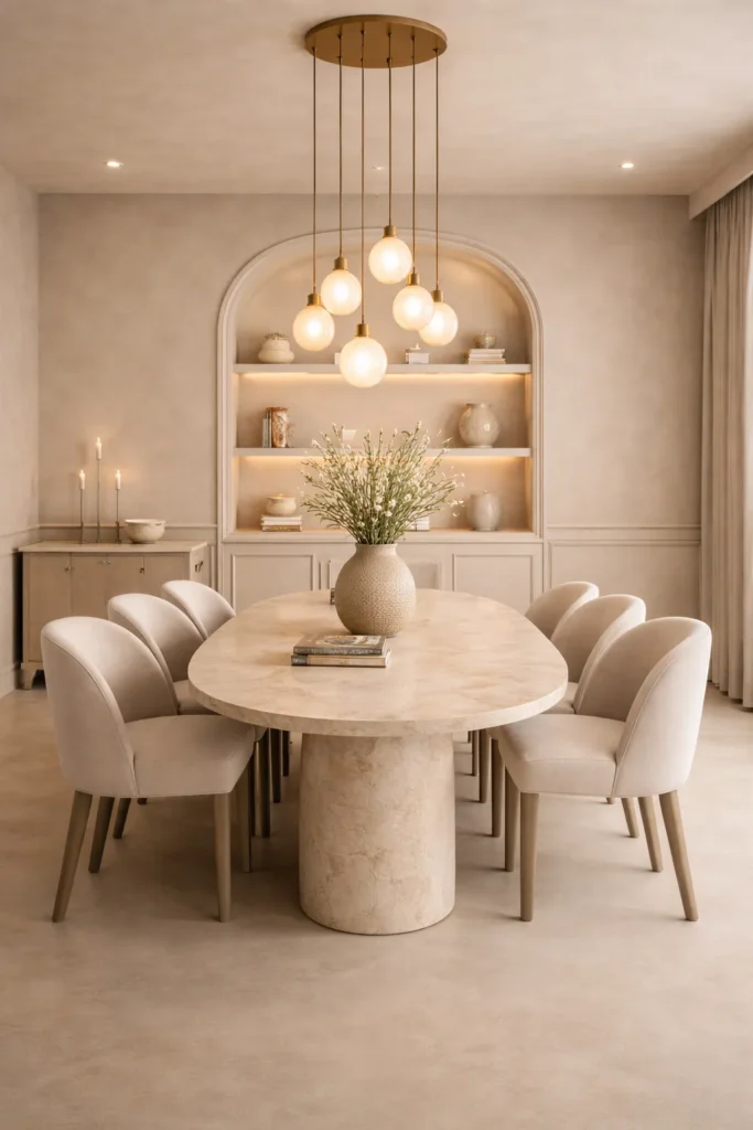 Beige Dining Room with Oval Marble Table Idea