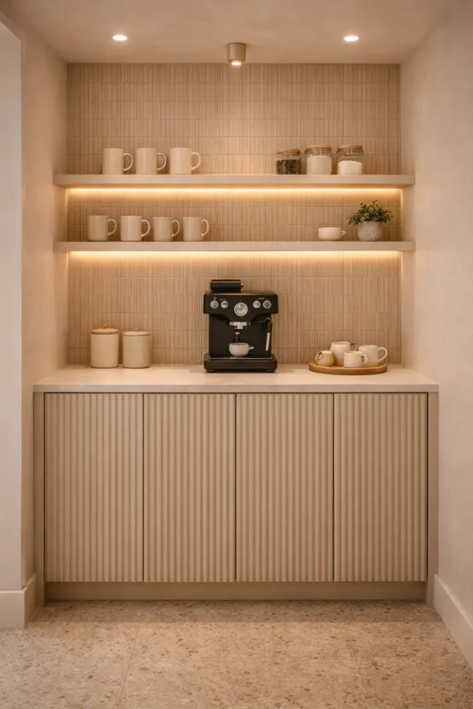 Beige Coffee Corner with Fluted Cabinet Base Idea
