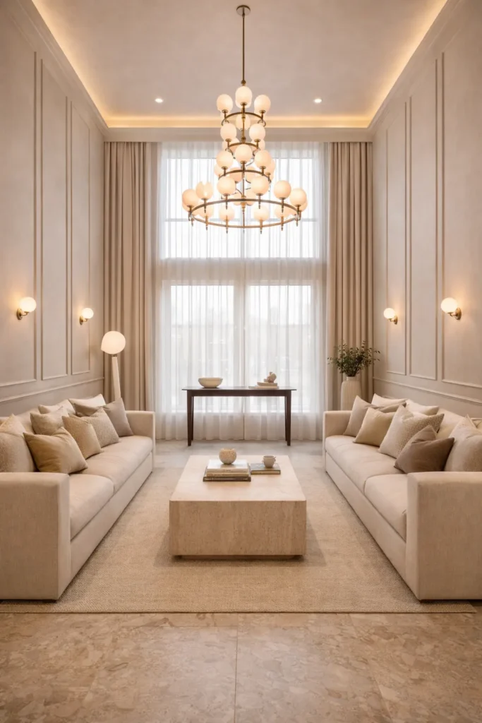 Beige Formal Living Room with Double-Height Curtain Wall Idea