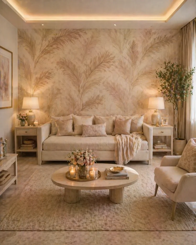 Beige Feather Print Guest Lounge Wallpaper Idea