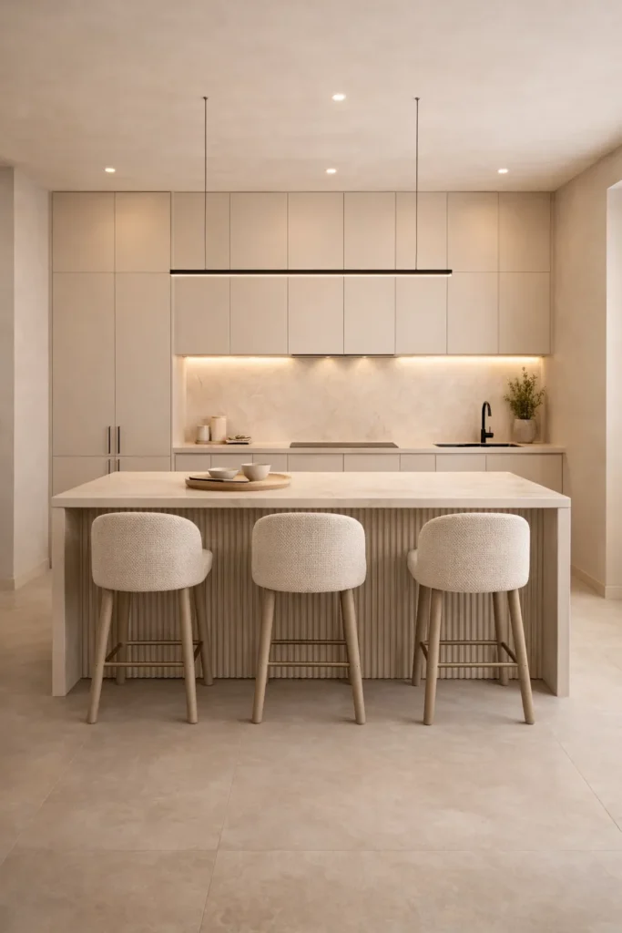Beige Kitchen with Ribbed Island Front Idea