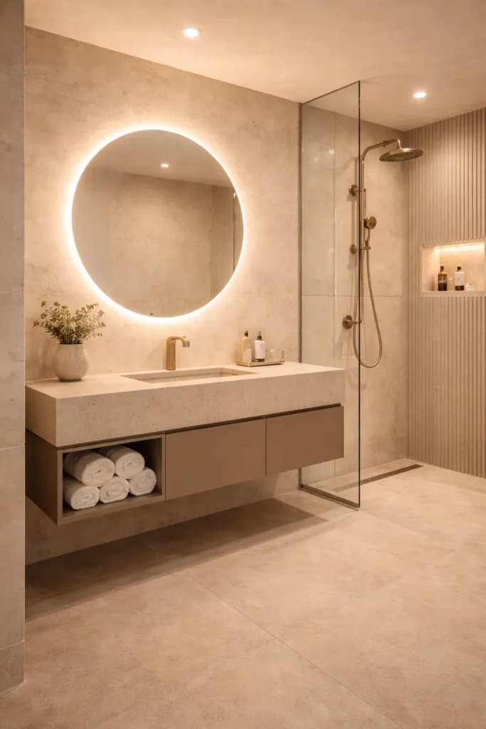 Beige Bathroom with Backlit Round Mirror Idea