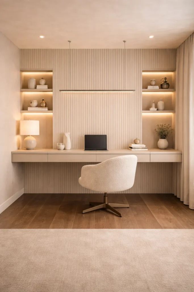 Beige Home Office with Fluted Desk Wall and Built-In Shelves Idea