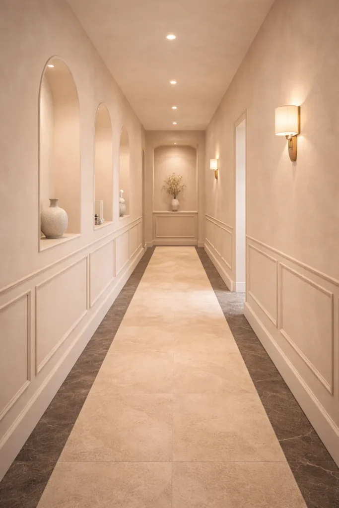 Beige Hallway with Arch Niches and Stone Runner Floor Idea